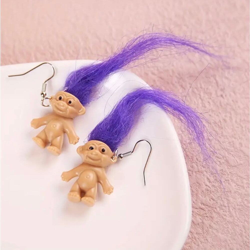 90’s Childhood Memories Trolls Purple Hair Dangle Hook Earrings